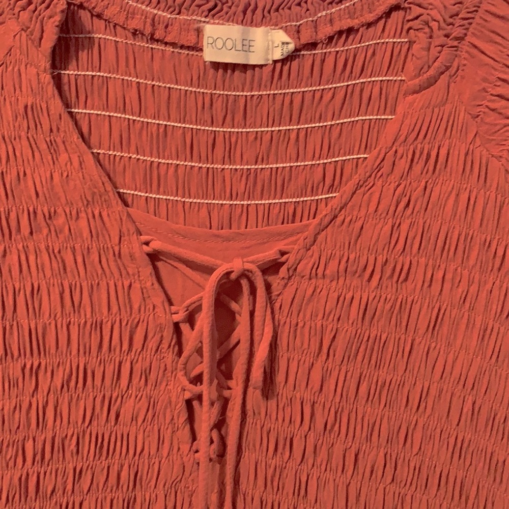NWOT Roolee Ruched Stretch Orange Rust Boho Tassle Puff Sleeve Mid Length Dress - Picture 2 of 2